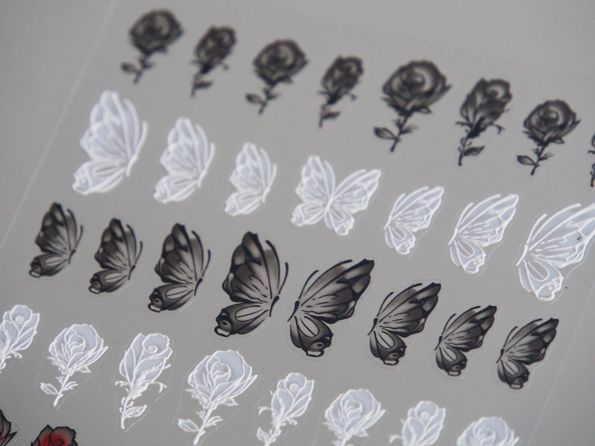 Butterfly & Rose Nail sticker/ Bloody Roses Nail Art Decals/ 3D Embossed Black White Spread Half Wings Butterflies Peel Off Stencil tatoo