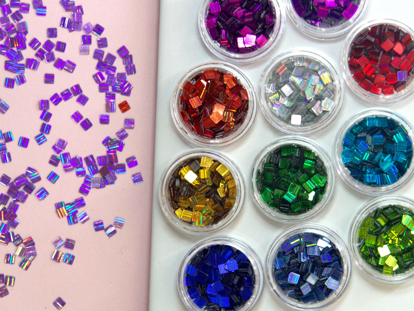 12 jars Square Laser Glitter Chips/ Iridescent Nail Flakes 3D DIY Sequins/Metallic Colors Halo Quadrate Glitters Craft Manicure Supply