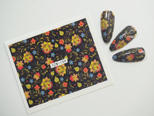 Floral Nail Tattoo/ Water transfer nail sticker/Vintage Flower Black Theme nail sticker tattoos Paisley