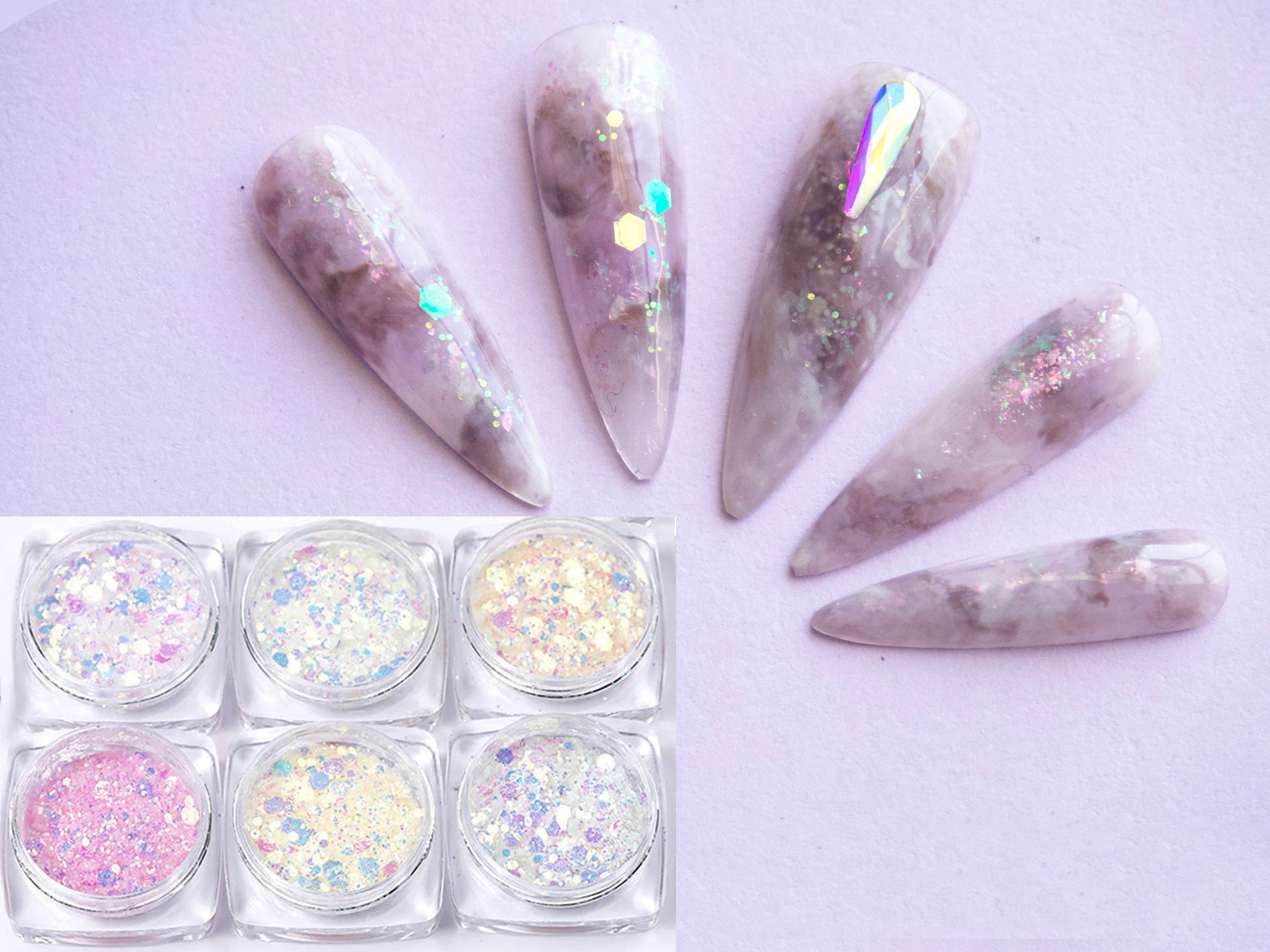 6 jars Hexagon sequins/ Halo Nail Flakes 3D DIY hexagon laser transparent Sequins/allochromatic mixed size glitter flakes for handmade