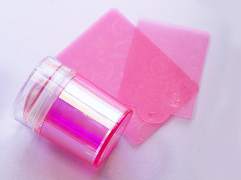 Aurora Nail Stamper/ French Nail Hack/Nail stamping tool with 2 Mehndi Scraper/Purple Pink Silicon Clear Jelly Stamper Polish Print Transfer