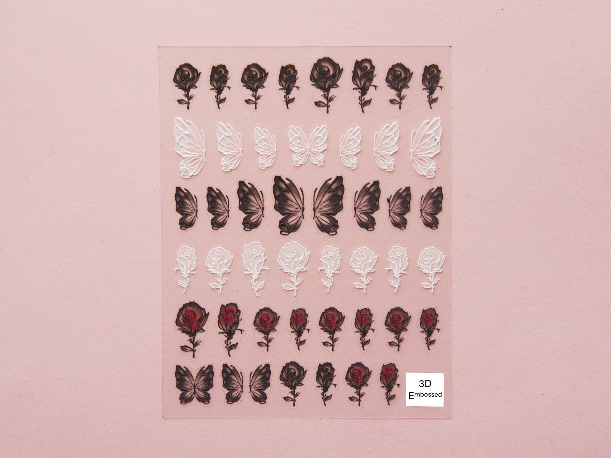 Butterfly & Rose Nail sticker/ Bloody Roses Nail Art Decals/ 3D Embossed Black White Spread Half Wings Butterflies Peel Off Stencil tatoo