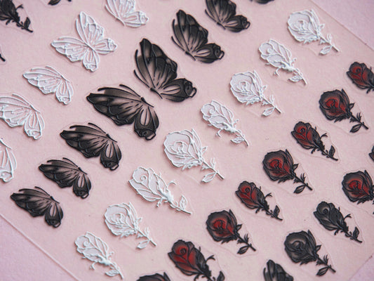 Butterfly & Rose Nail sticker/ Bloody Roses Nail Art Decals/ 3D Embossed Black White Spread Half Wings Butterflies Peel Off Stencil tatoo