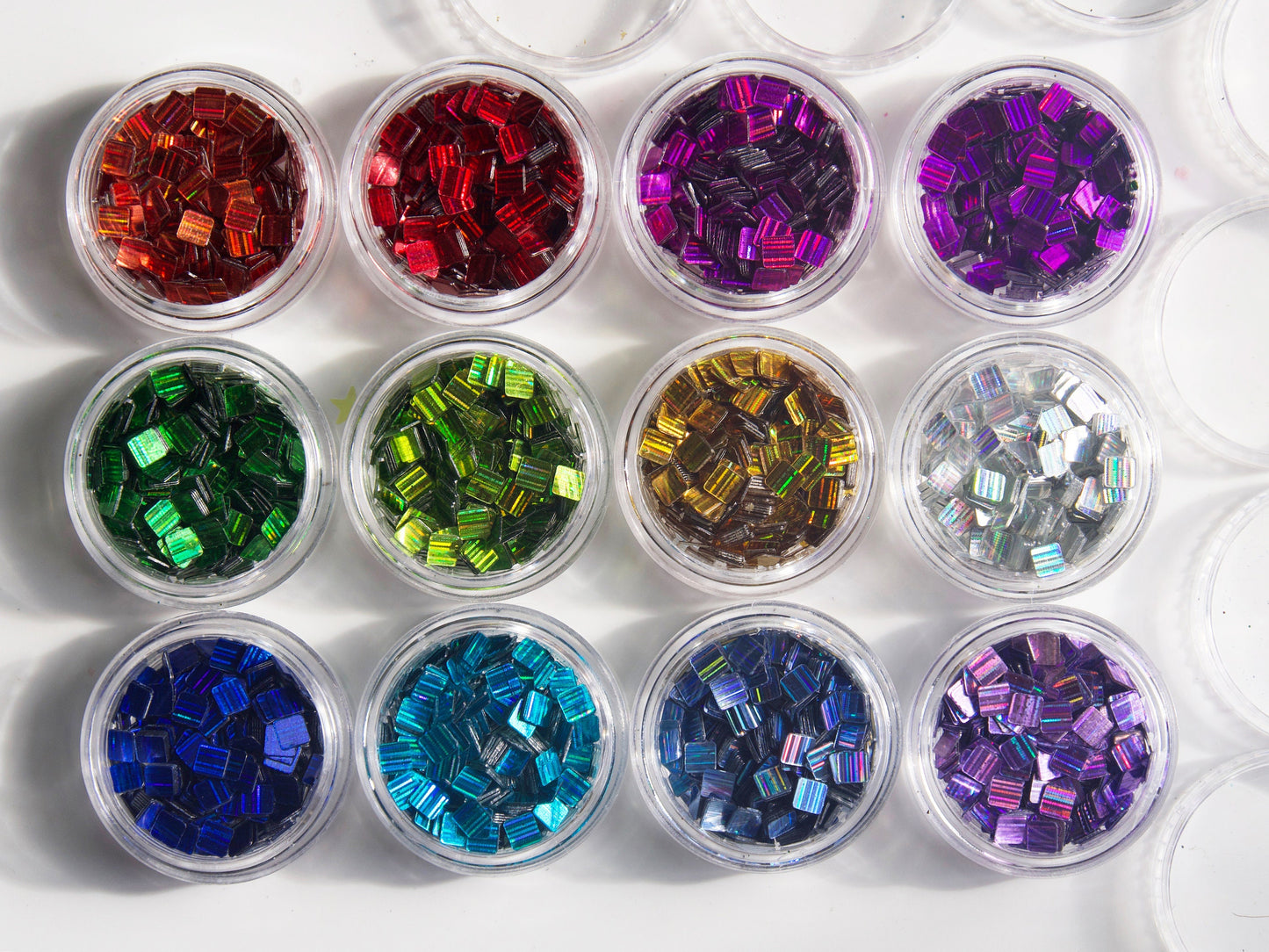 12 jars Square Laser Glitter Chips/ Iridescent Nail Flakes 3D DIY Sequins/Metallic Colors Halo Quadrate Glitters Craft Manicure Supply
