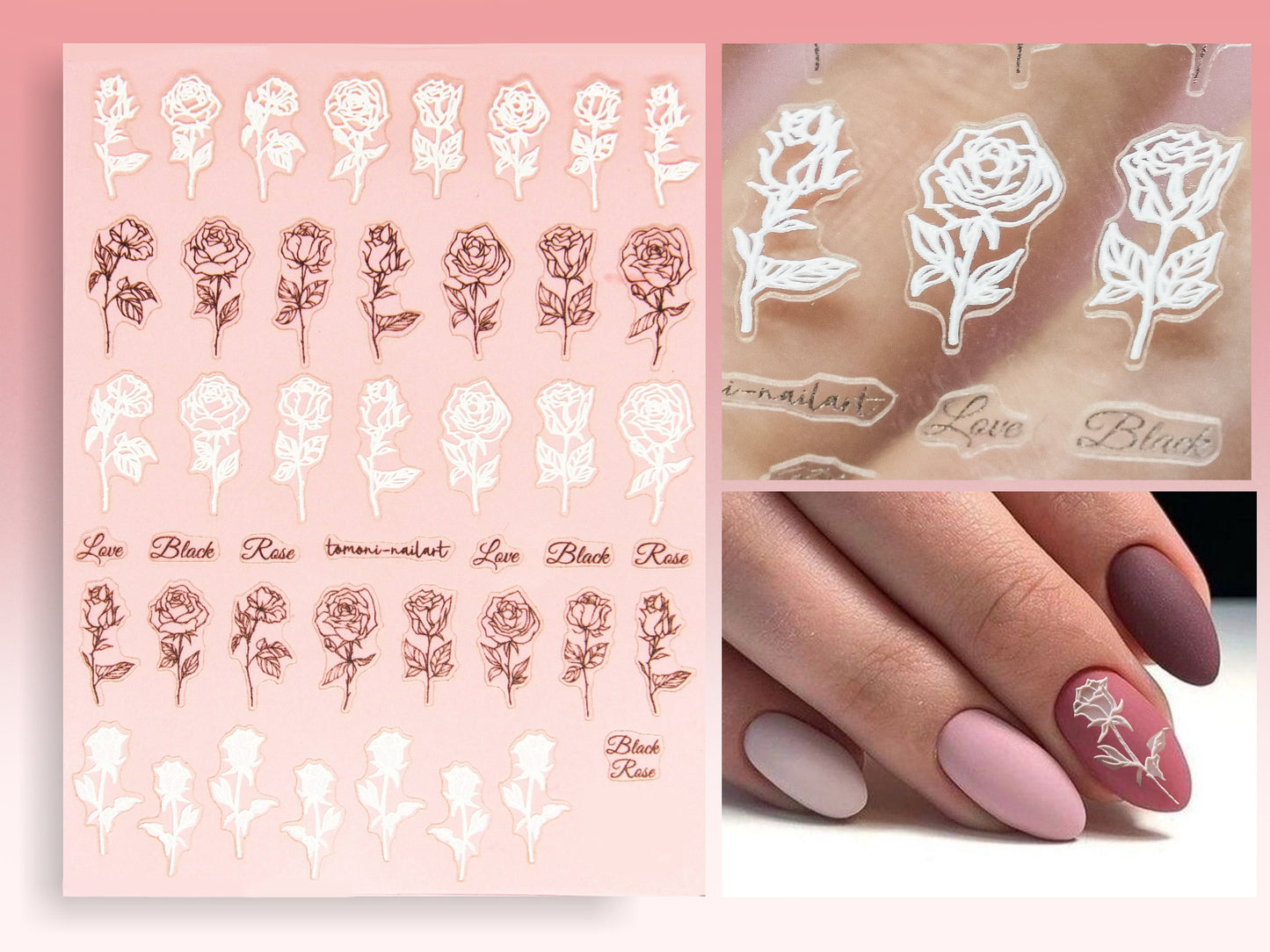 Butterfly & Rose Nail sticker/ Bloody Roses Nail Art Decals/ 3D Embossed Black White Spread Half Wings Butterflies Peel Off Stencil tatoo