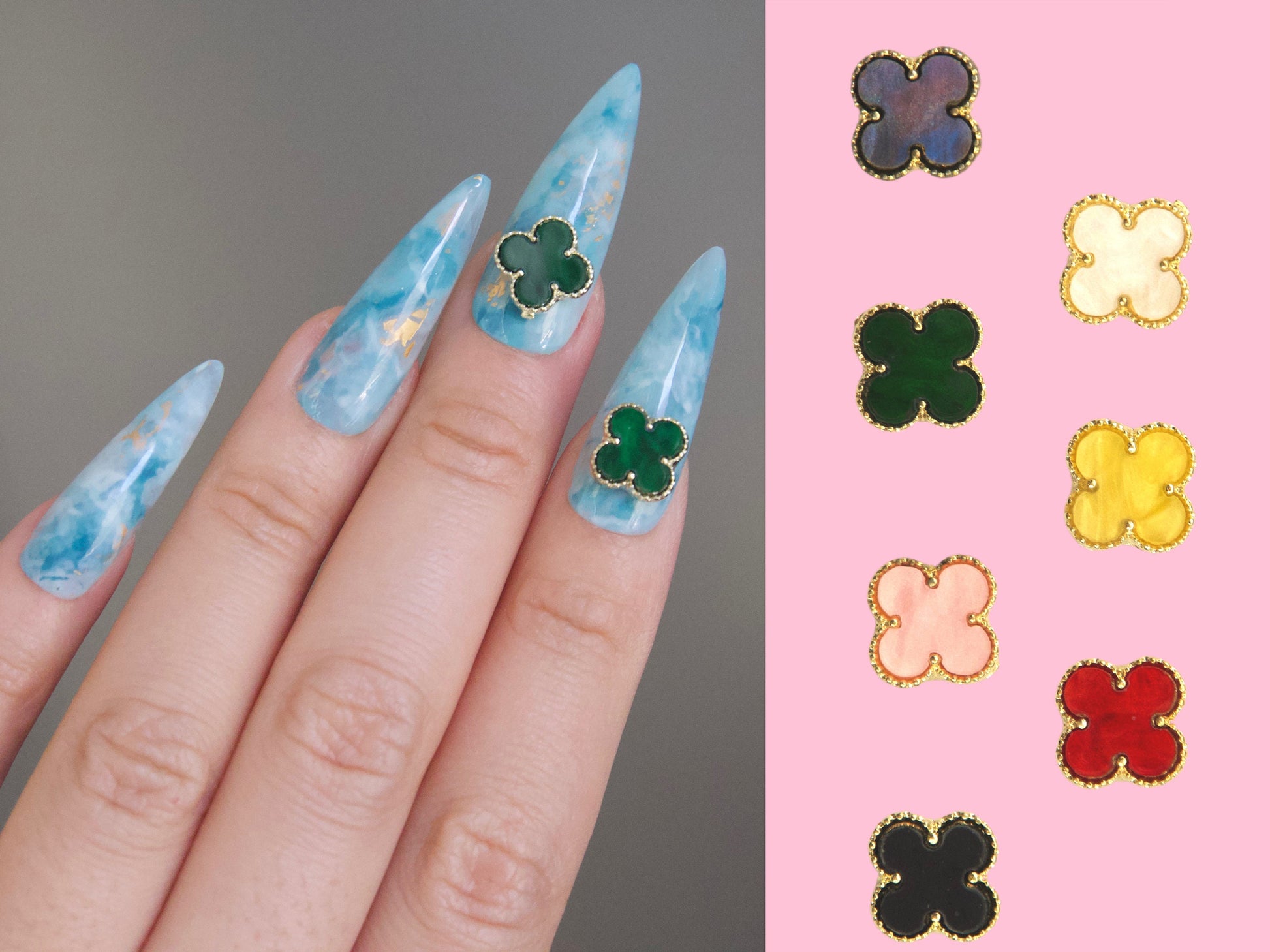 2 pcs Four Leaf Clover gold 3D Metallic Rhinestone nail studs / Mother-of-pearl White charm Nails supply Jewelry Supplies