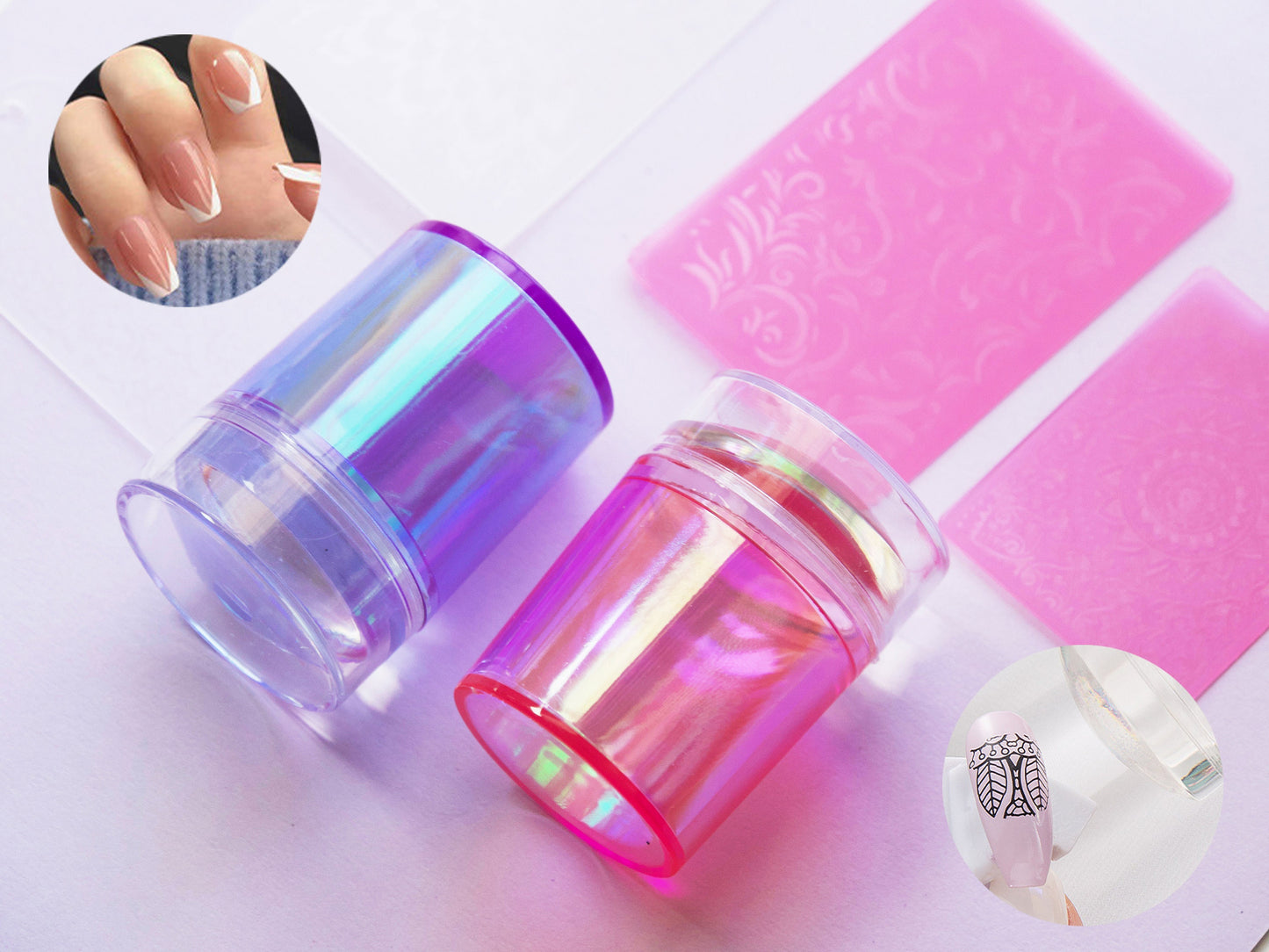 Aurora Nail Stamper/ French Nail Hack/Nail stamping tool with 2 Mehndi Scraper/Purple Pink Silicon Clear Jelly Stamper Polish Print Transfer