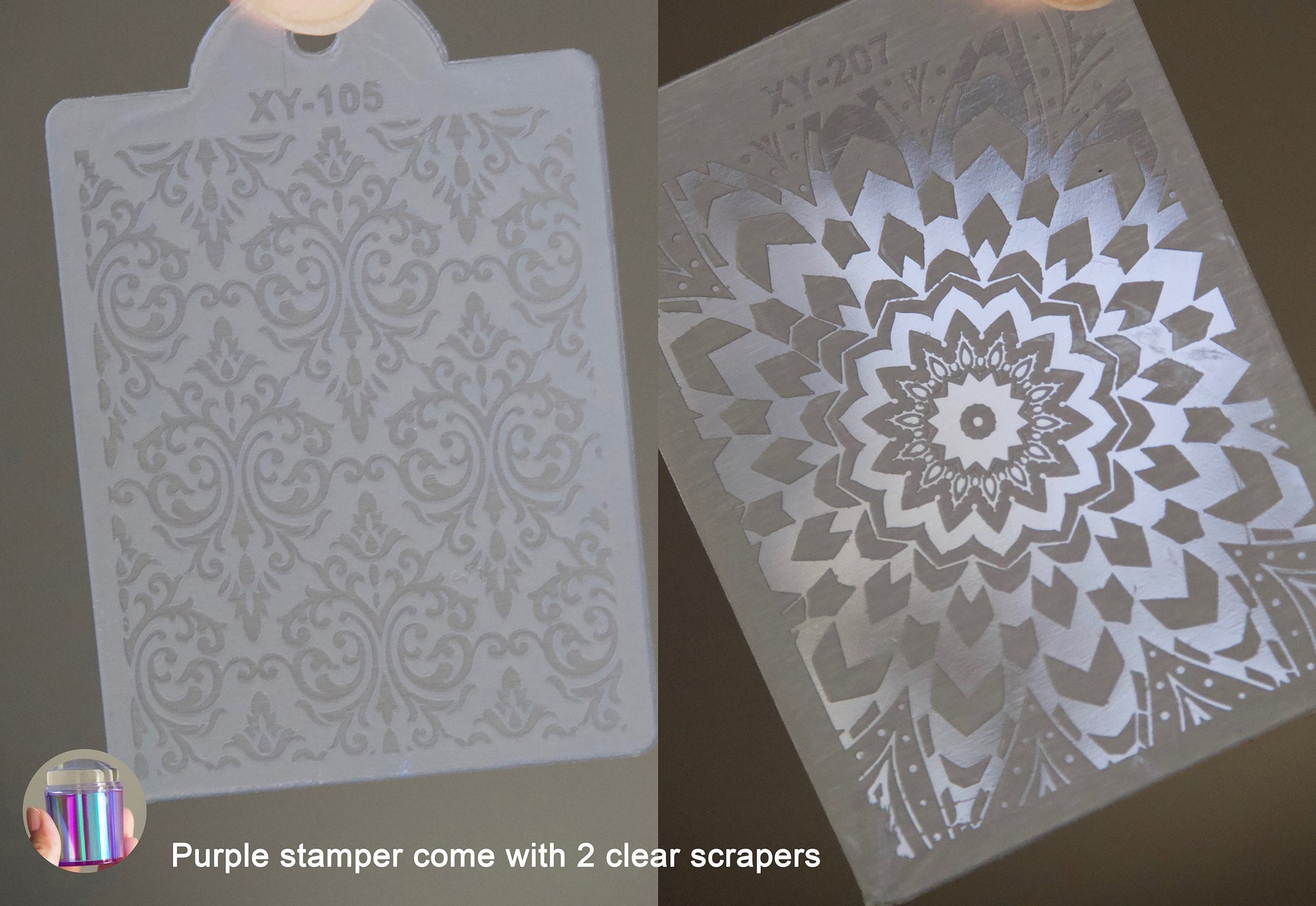Aurora Nail Stamper/ French Nail Hack/Nail stamping tool with 2 Mehndi Scraper/Purple Pink Silicon Clear Jelly Stamper Polish Print Transfer