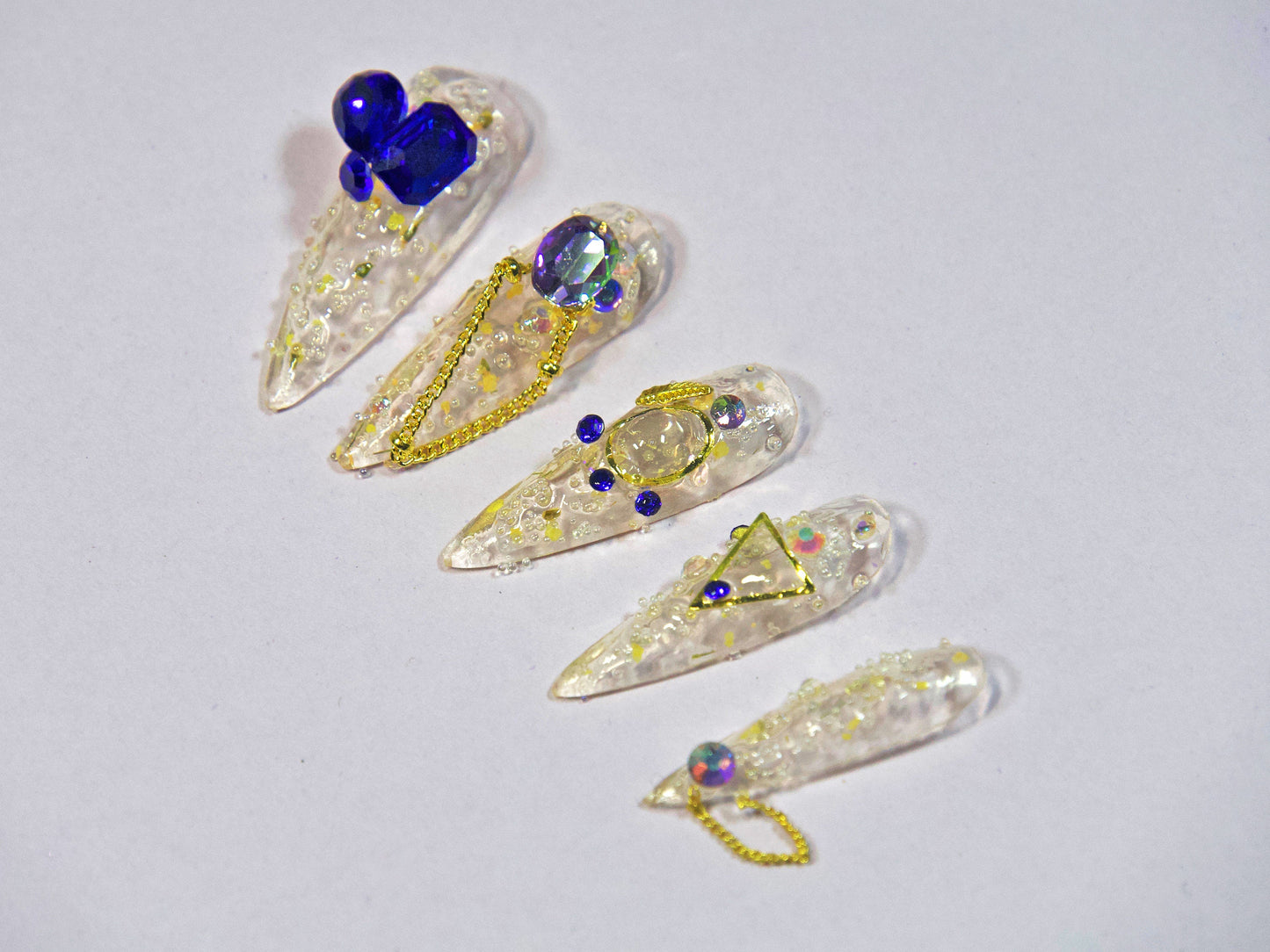 Mixed caviar nail art decal/ Royal Blue Rhinestones studs 3D Gemstones nail Decal/ Bubble Beads iridescent Mixing Gold hollow charms