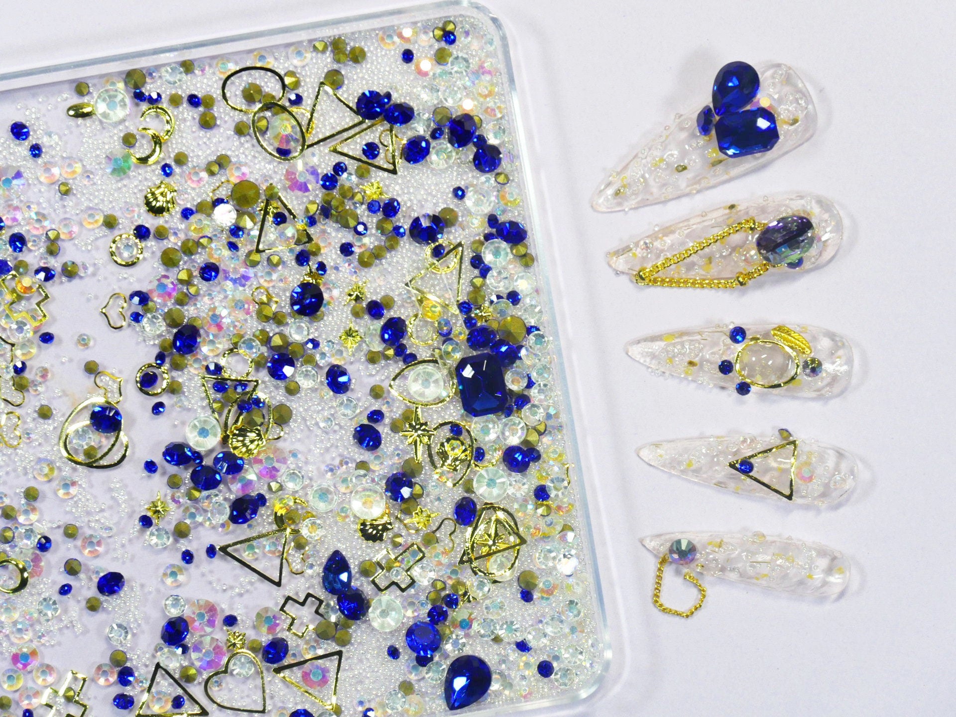Mixed caviar nail art decal/ Royal Blue Rhinestones studs 3D Gemstones nail Decal