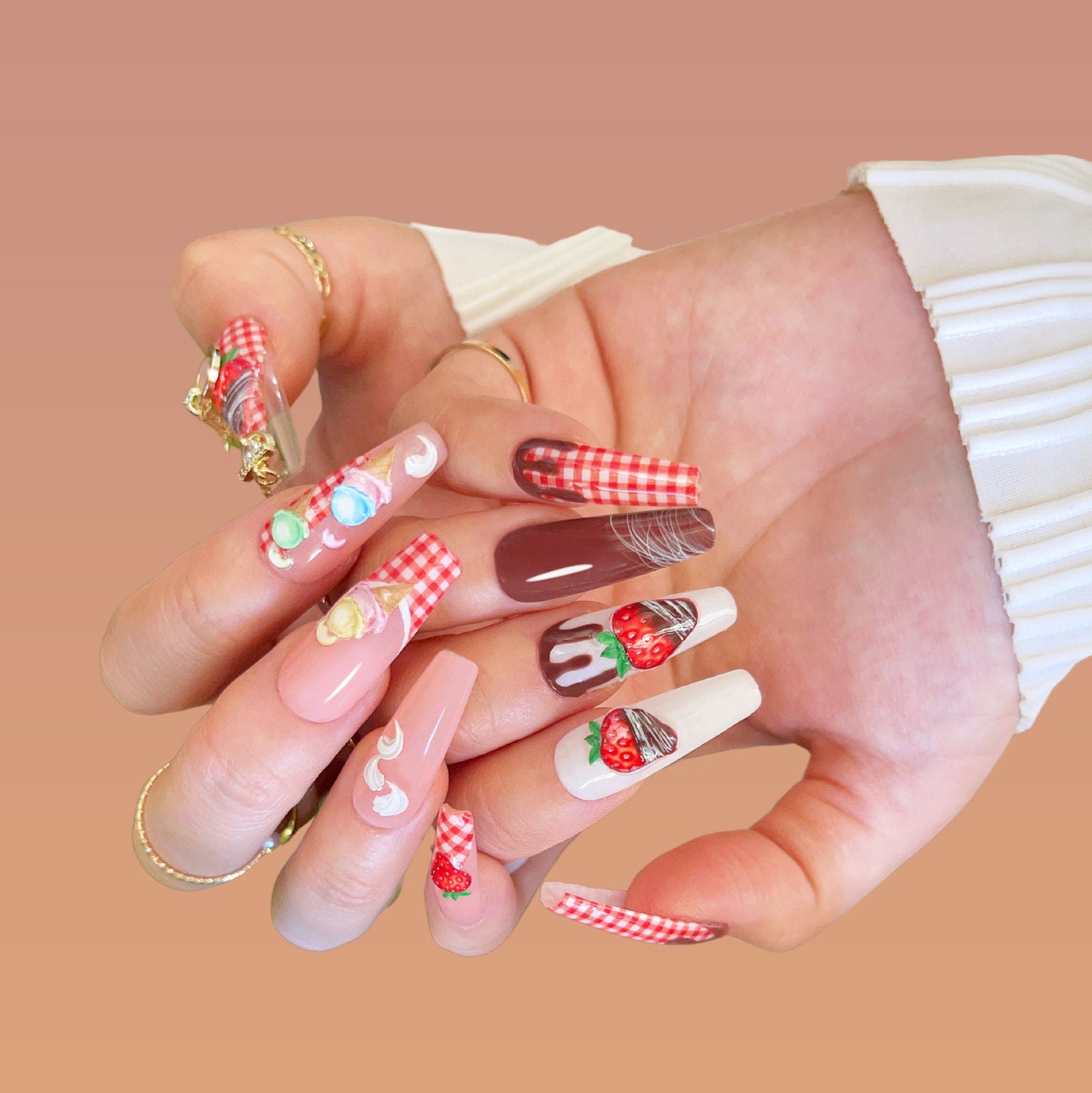 5D Strawberry Nail sticker/Ice-cream Red Grids 3D nail Cream Sweets Self Adhesive Decals/Embossed Ultra Thin peel off Strawberries stickers