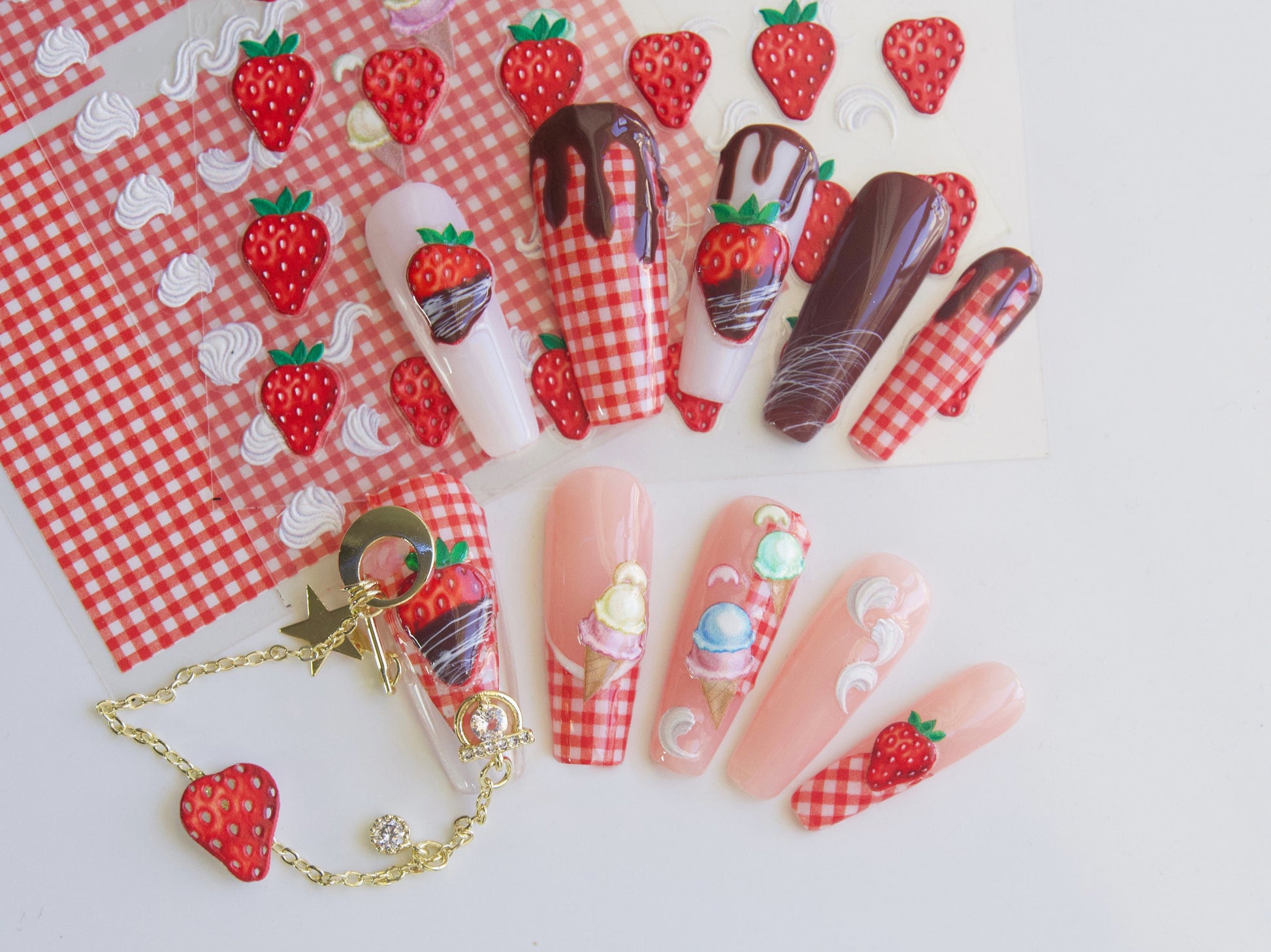 5D Strawberry Nail sticker/Ice-cream Red Grids 3D nail Cream Sweets Self Adhesive Decals/Embossed Ultra Thin peel off Strawberries stickers