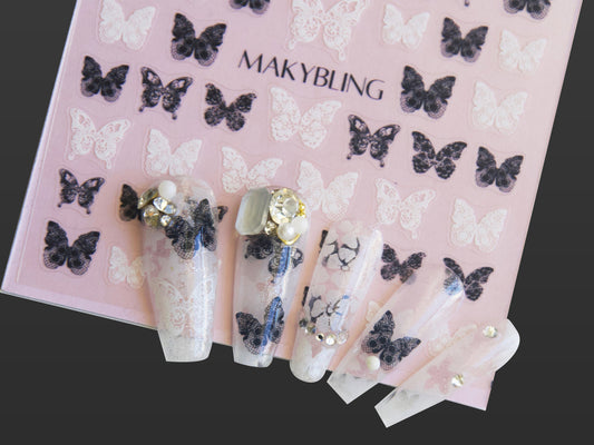 Butterfly lace nail sticker/Ultra thin Black&white Butterflies Nail Art Stickers Self Adhesive Decals/UV gel Polish Bridal Wedding theme