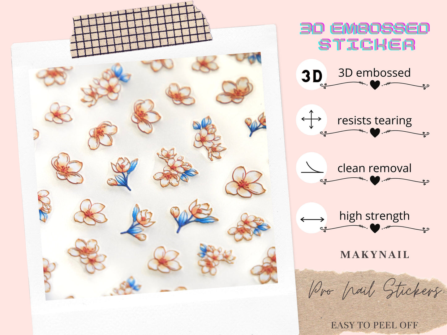 Sakura Floral Nail sticker/ Vintage style Embossed Flower 3D Nail Art Stickers Self Peel off Nail art /Sunflower Nail Art Decals