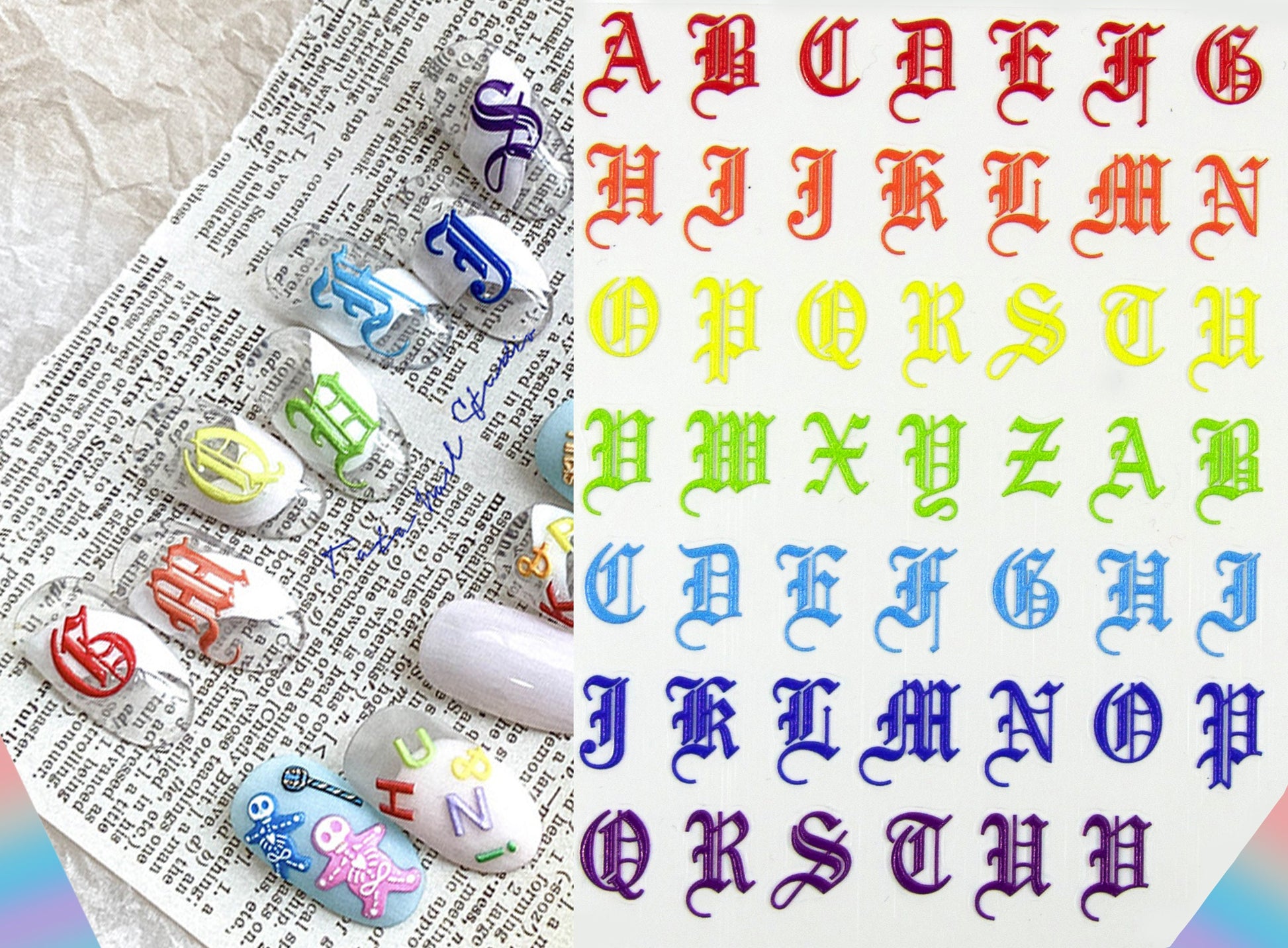 Gothic Script Colorful Nail Art Stickers Decals/ 3D Embossed Gothic minuscule Hand Writing holographic Retro Letters Alphabet Letters