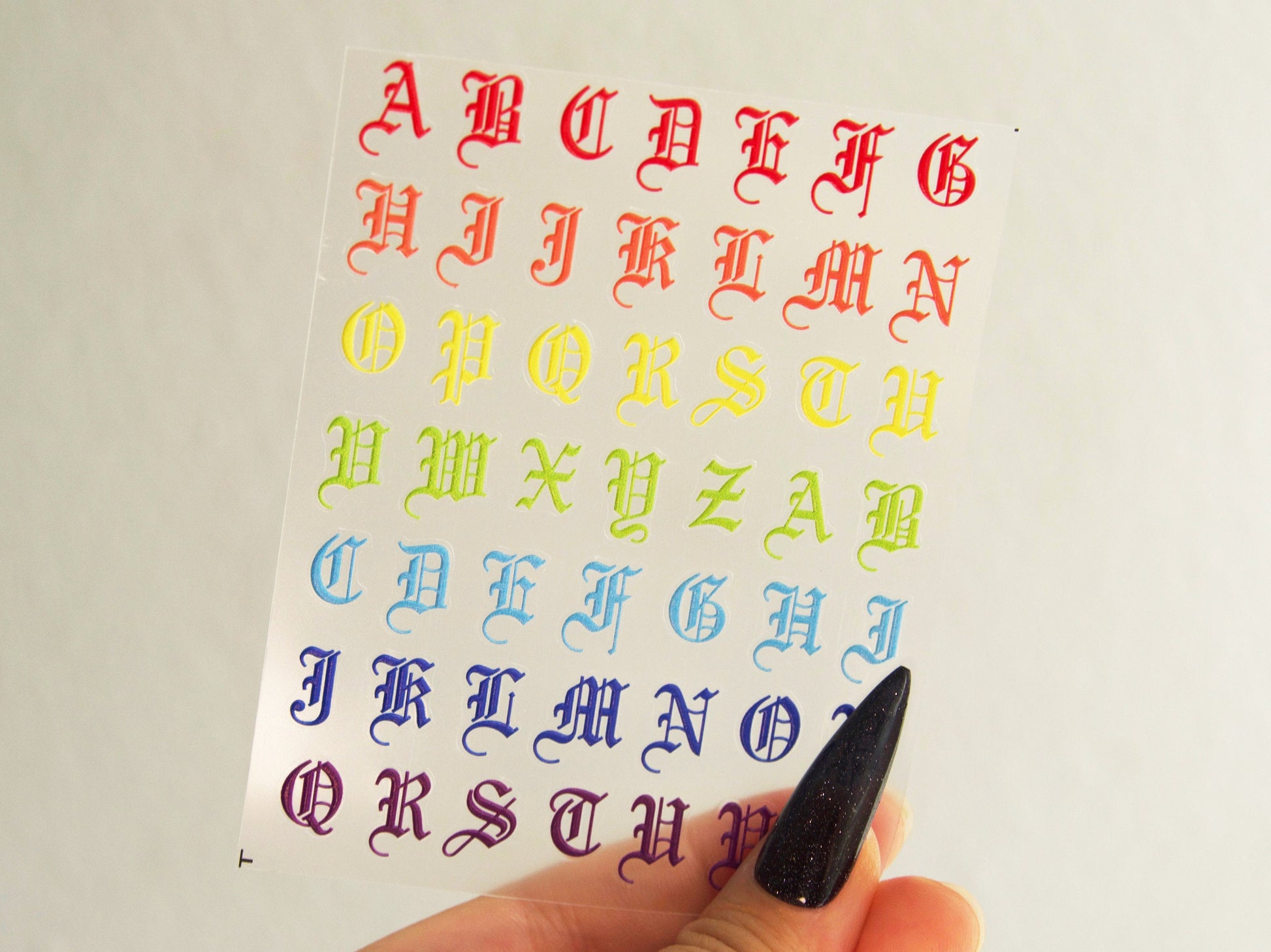 Gothic Script Colorful Nail Art Stickers Decals/ 3D Embossed Gothic minuscule Hand Writing holographic Retro Letters Alphabet Letters