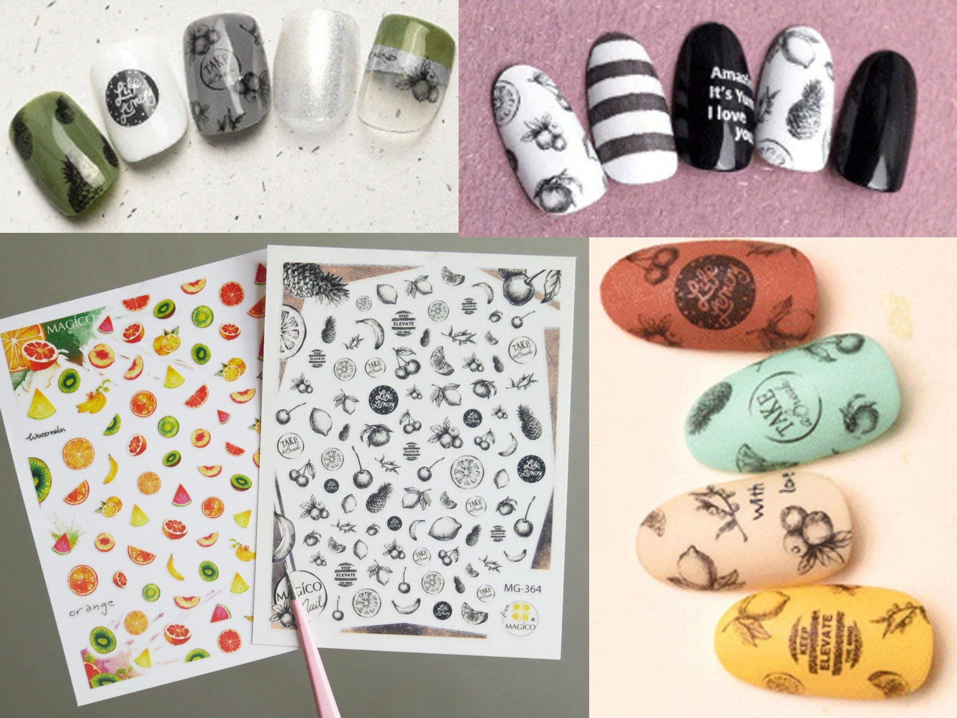 Fruity Pencil Sketch Nail Art Sticker/ DIY Tips Guides Transfer Stickers/Mixed Fruit peel off Sticker/Hand drawing manicure stencil