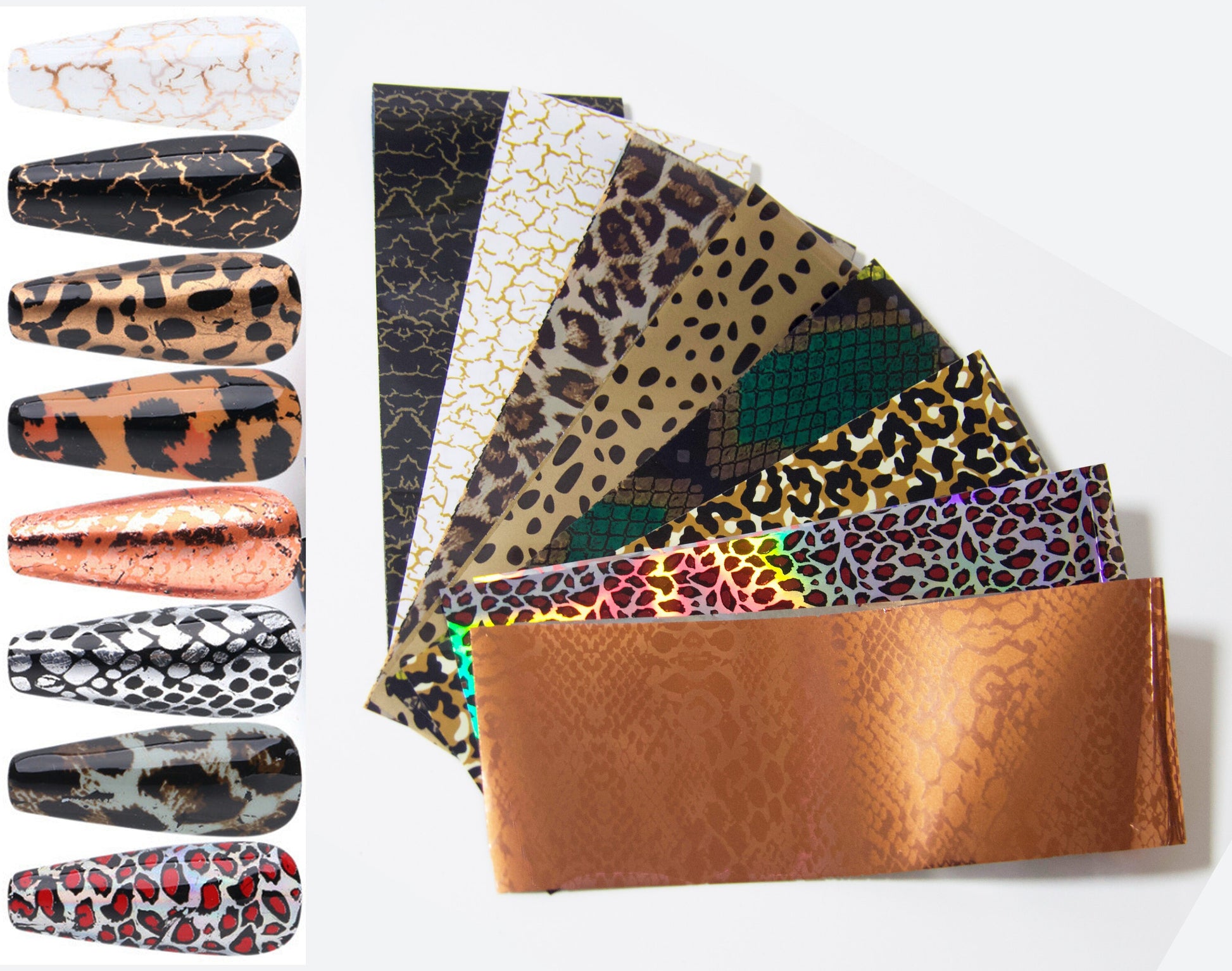 8pcs Animal Print Metallic Transfer Film Foil Nail Art Sticker Decal/ Leopard Snake Cracked DIY nail transferring Accent nails