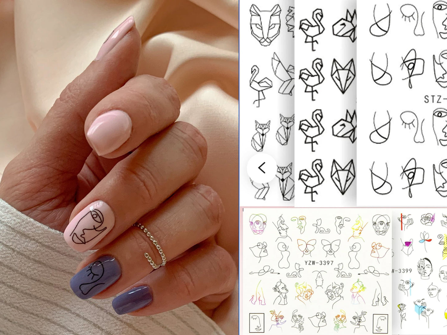 3 pcs Abstract pattern nail Tattoo/ Water transfer Minimalism Animal Outline Tattoos sticker/ linellae Women face nail Decals Supply