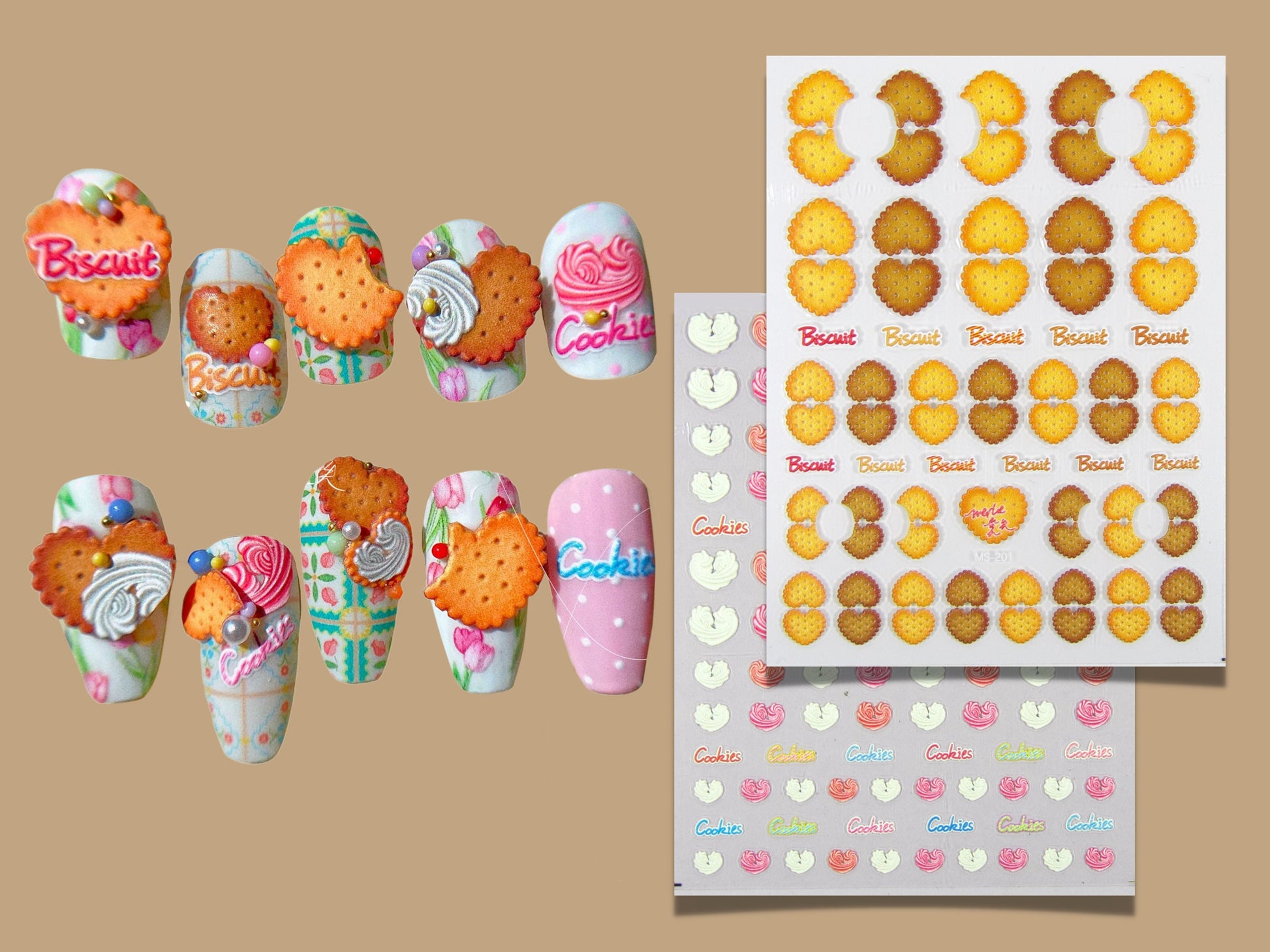 Heart Cookies Nail Sticker/ Snack Cream Pink Chocolate Cookie Sweets Self Adhesive Decals/Kawaii 3D Embossed Manicure Supply