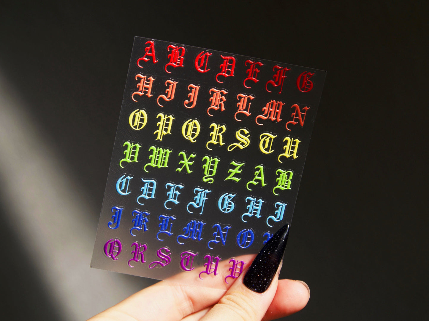 Gothic Script Colorful Nail Art Stickers Decals/ 3D Embossed Gothic minuscule Hand Writing holographic Retro Letters Alphabet Letters