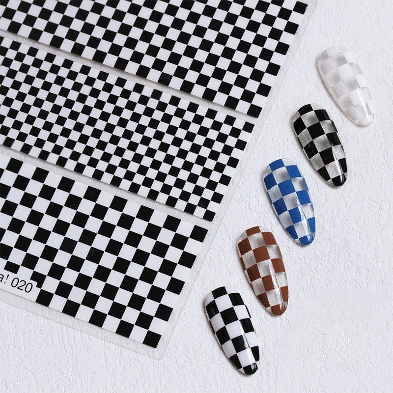 Black and White Checkered Plaid Pattern Nail Art Sticker/ Square Grids Peel Off Tips Stickers/ Black Clear Check Nail Decal Supply