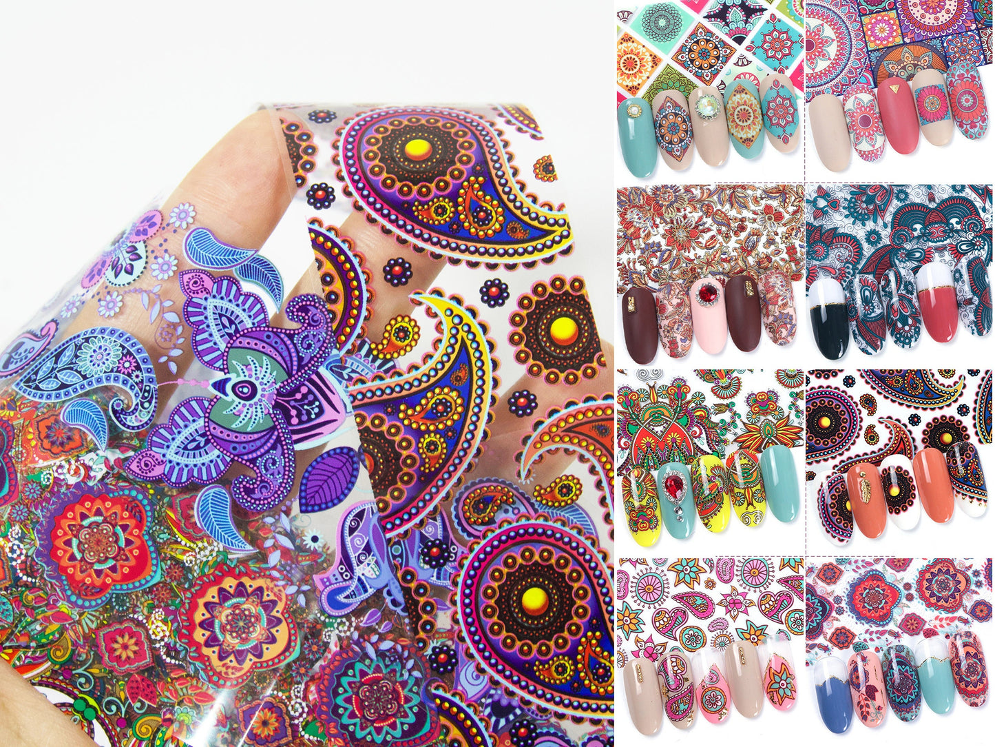 9pcs Paisley Transfer Film Foil Nail Art Sticker Decal/  Colorful Teardrop-shaped Motif Bohemian Boho DIY nail transferring Accent nails