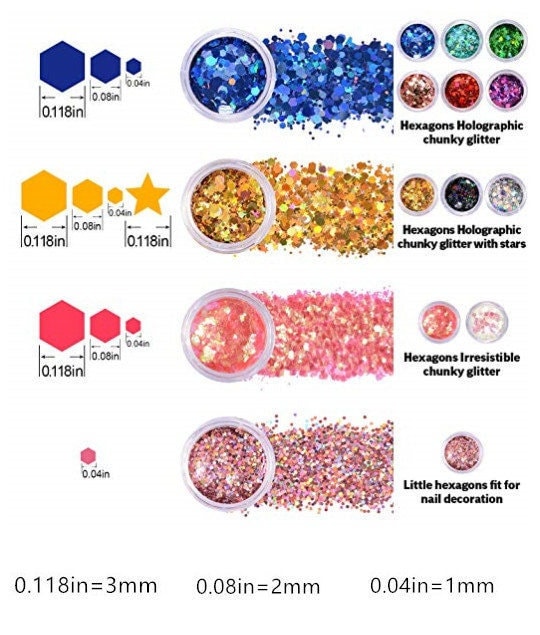 12 jar Halo hexagon Mixed size Glitter/ Holo chunky Nail Flakes 3D DIY laser Sequins/Mermaid silver holo hexagon starry sky glitter flakes