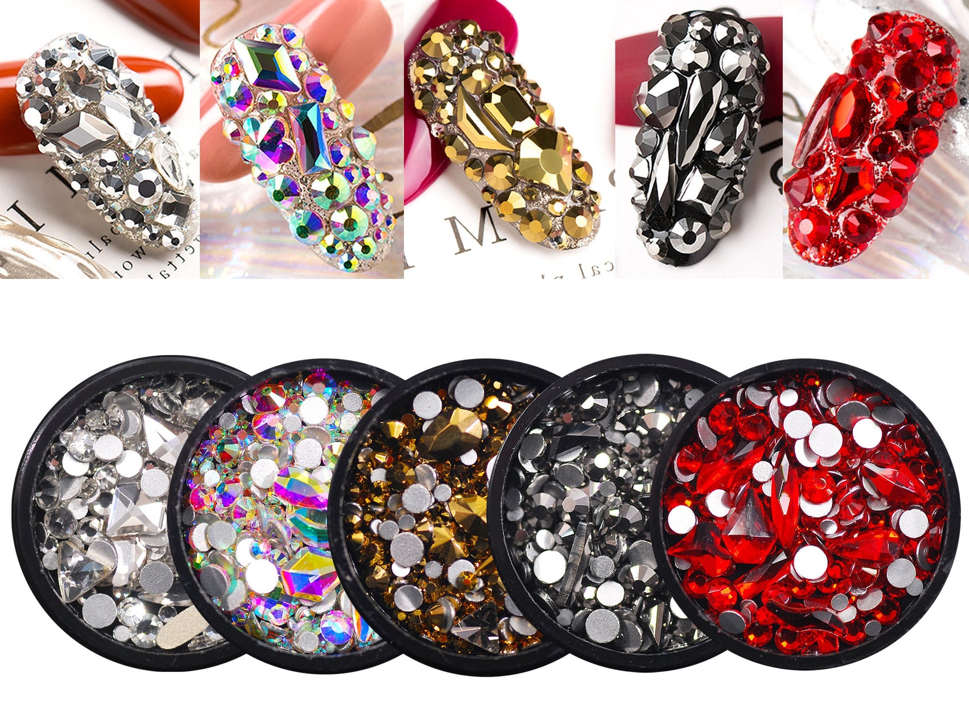 Glass Rhinestones For Nails Art Decorations / Mixed flat back shape Multi sized crystals Nail supply