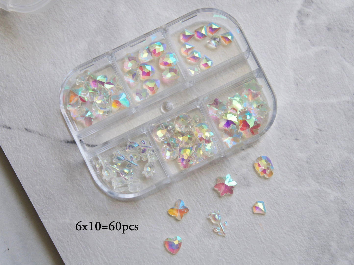 60 pcs Polar Light Illusion Clear Back Acrylic nail Accessories/Butterfly Heart Diamond Skull Rose AB Crystal