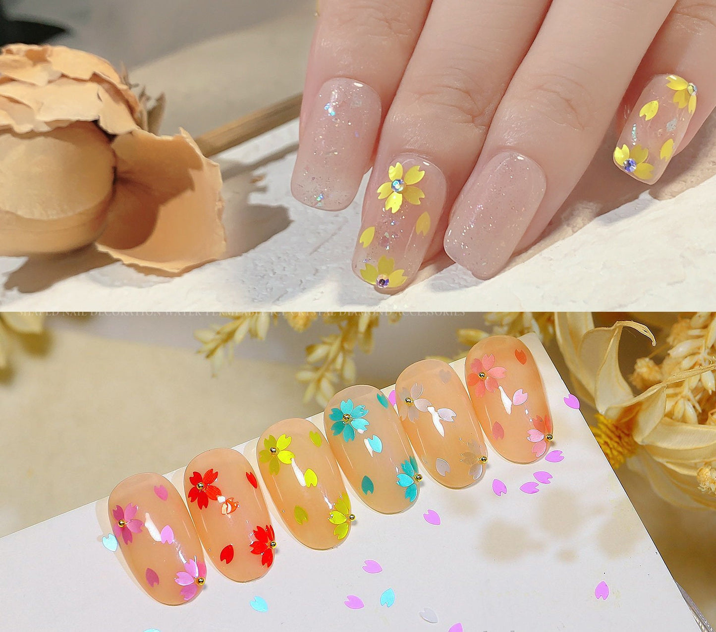 Sakura Flower Petal Chip Nail Decals/ Floral Petals nails Glitter