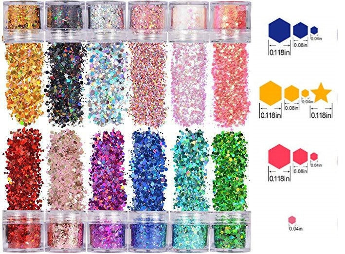 12 jar Halo hexagon Mixed size Glitter/ Holo chunky Nail Flakes 3D DIY laser Sequins/Mermaid silver holo hexagon starry sky glitter flakes