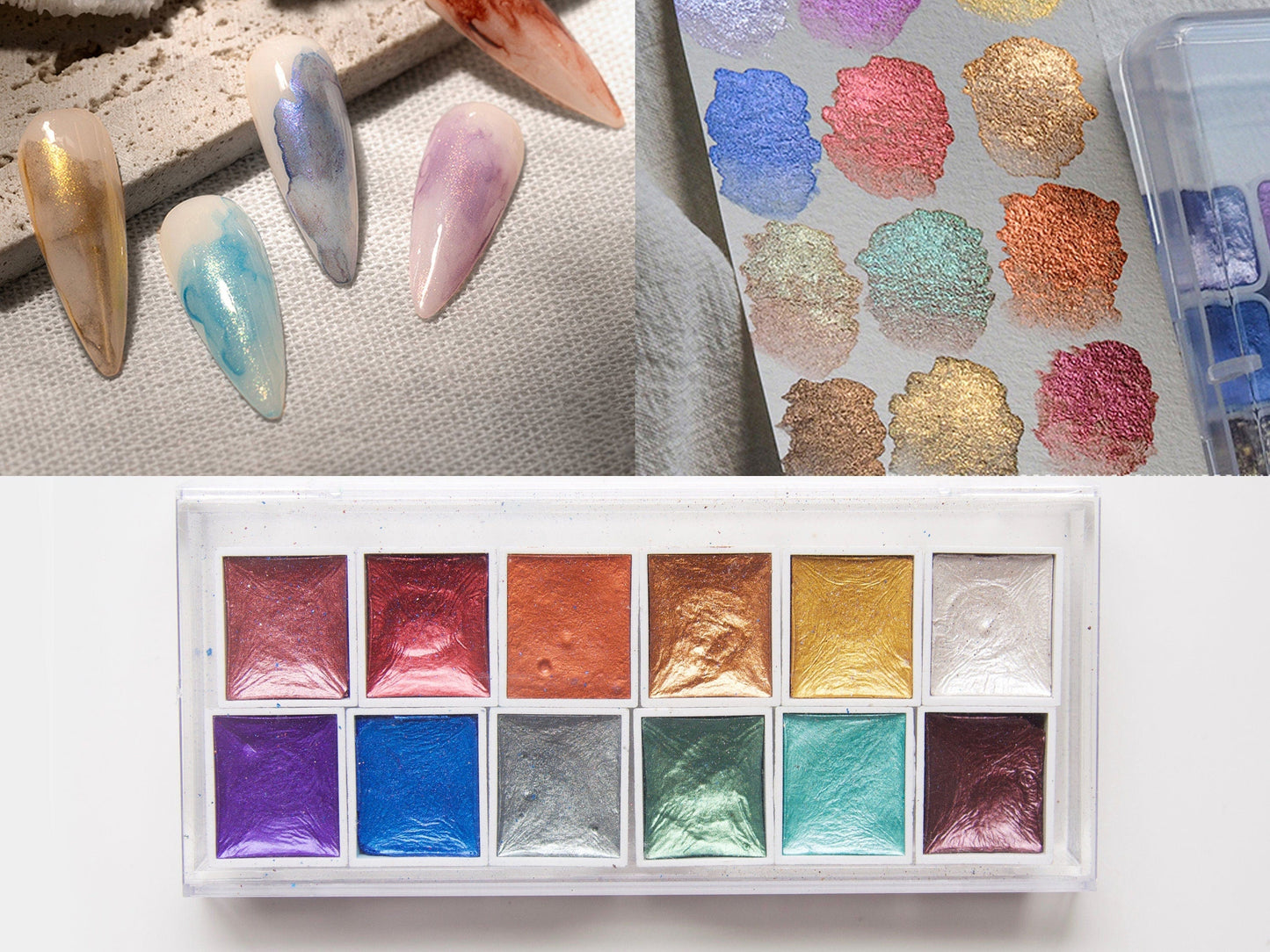 Glitter Metallic Watercolor Set-12 Assorted Colors Universe Starry Pearl Glittery Air Dry Water Color Solid Pigment Paint Shiny Aquarelle
