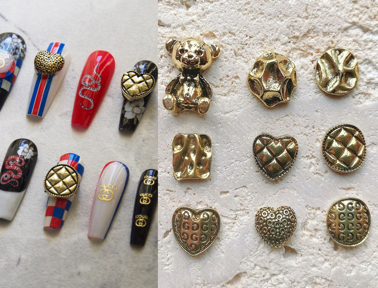 9 pcs 3D Antique Vintage Punk Teddy bear nail decoration/ Bronze Metallic Heart Shaped Decal Nail DIY deco