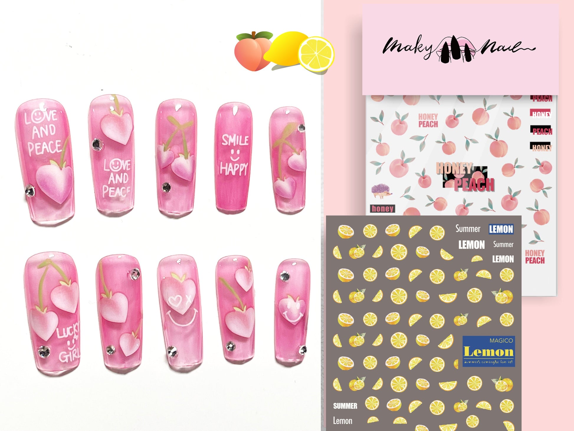 Peach Nail Art Sticker/ Lemon fruits DIY Tips Guides Transfer Stickers/ Cocktail nail transfers Sticker/ Pink UV gel polish manicure stencil