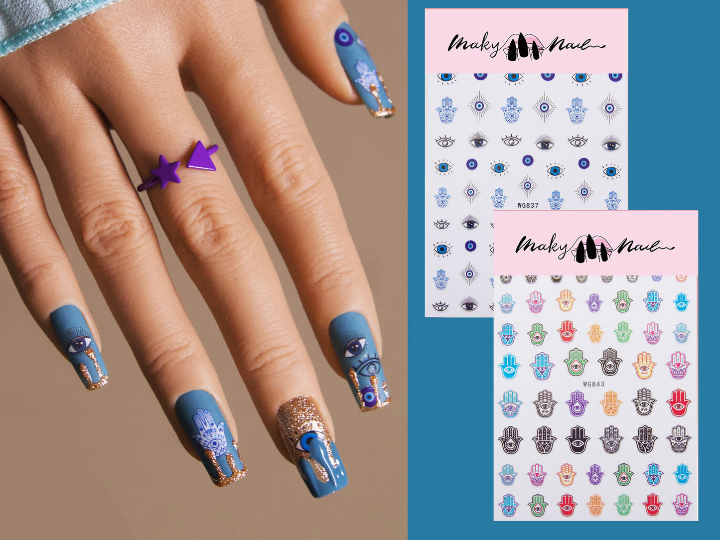 Evil eye nail sticker/ Peel off nail art stickers supply/ Blue supernatural belief The hamsa amulet nail deco easy to apply