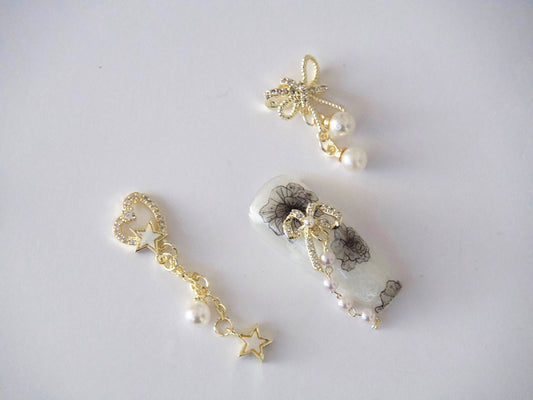Bow tie Nail Jewelry Gold Chain with Pearls 3D Zircon nails ornament Decal