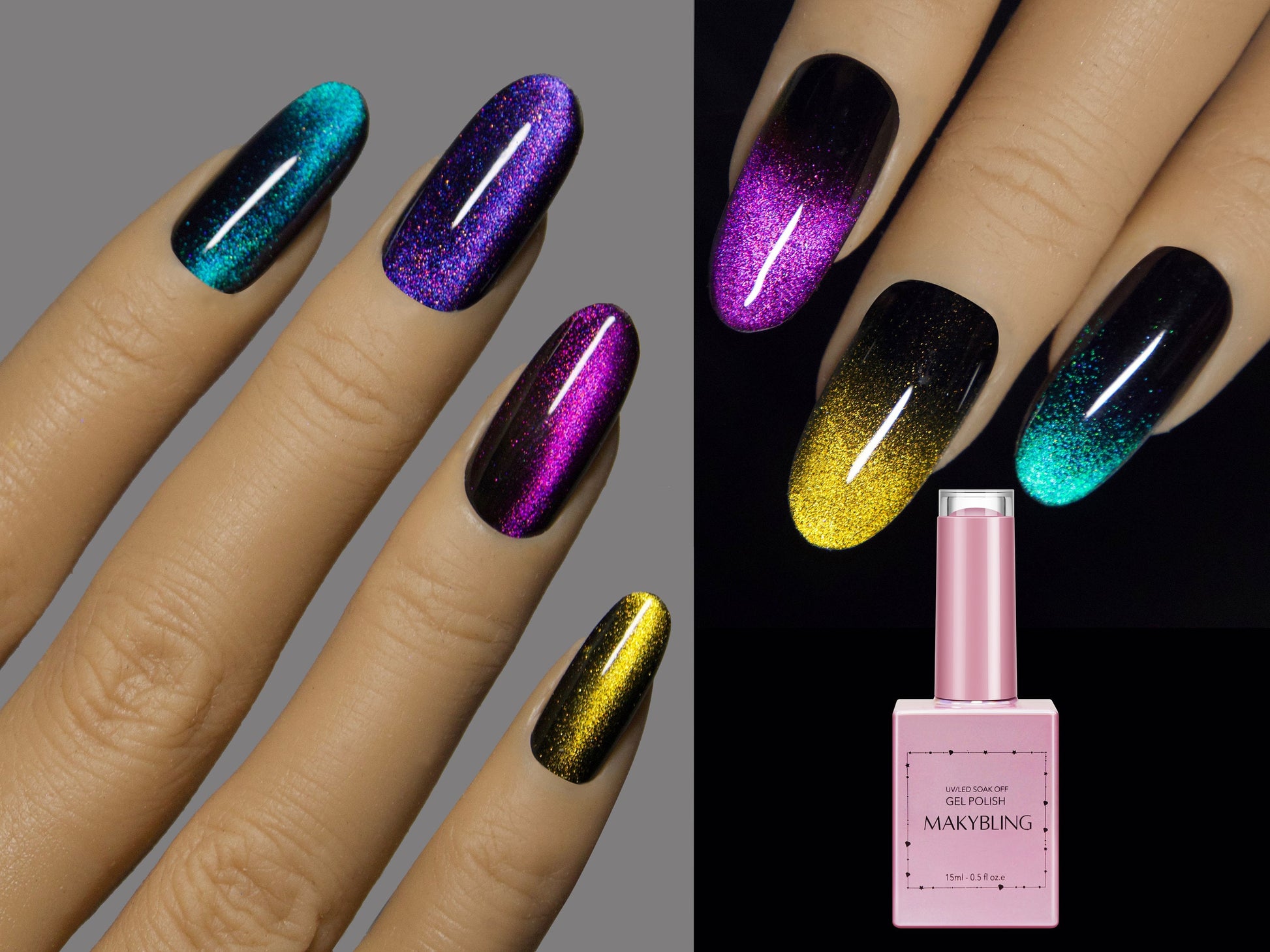 15ml Iridescence Cat Eye Gel Colorful Chameleonic Gel Polish/Magnetic Wide Glare Reflective Universal Galaxy Glow Pink Gold Nail -Makybling