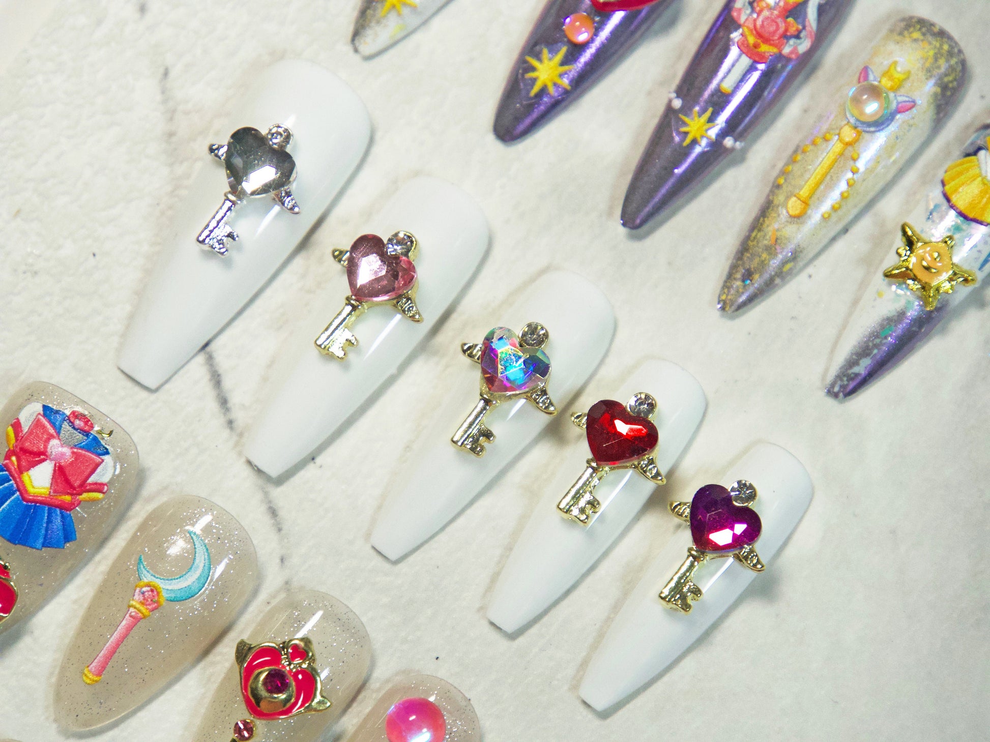 2pcs Heart Key Wand Nail Decal/ Sailor Moon Love Keys Heart Magical Rod Wand Japanese Style nail art charms/ Hearts Wings nail supply