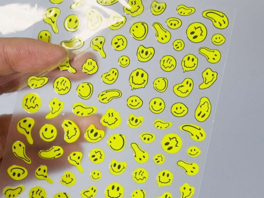 Melted Smile Happy Face Nail sticker/ Smiley Emoji Nail Art Stickers Self Adhesive Decals/ Smiley Face Yellow Manicure stencil
