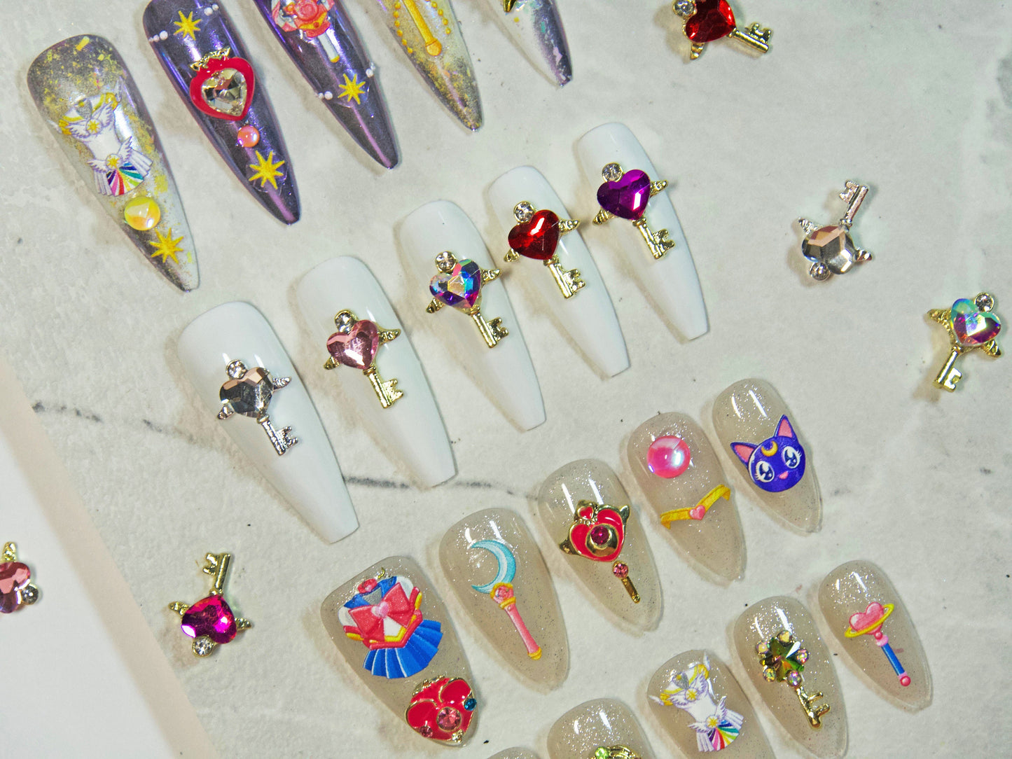 2pcs Heart Key Wand Nail Decal/ Sailor Moon Love Keys Heart Magical Rod Wand Japanese Style nail art charms/ Hearts Wings nail supply