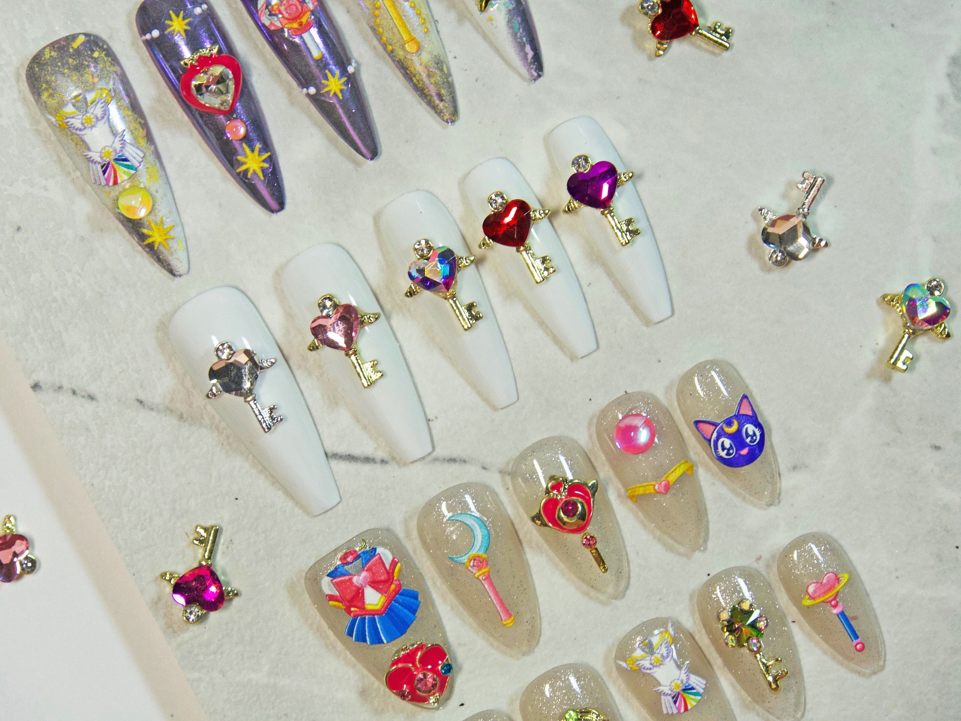 2pcs Heart Key Wand Nail Decal/ Sailor Moon Love Keys Heart Magical Rod Wand Japanese Style nail art charms/ Hearts Wings nail supply