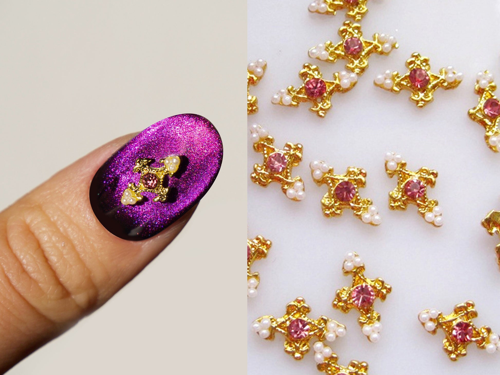 2pcs 18k gold plated Pink Zircon Pearl Cross Nail Decals/ Gold Christian Dainty Nail DIY Deco/ Charm Nail supplier nail art