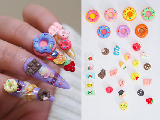 Miniature Donut Candy Sweets Nail Decal/ 3D Doll Afternoon Tea Charms / Chocolate Ice Cream Dessert Accessories Nail crafts