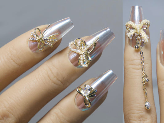 Exquisite Bow tie Nail Jewelry Gold Chain with Pearls
