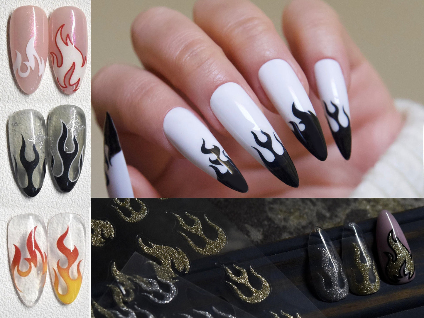 Flame Nail Art Stickers/Nail Decals Acrylic Nail Art Supplies Self Adhesive Decals/ 3D Red Gold SilverFire Peel off Manicure decals