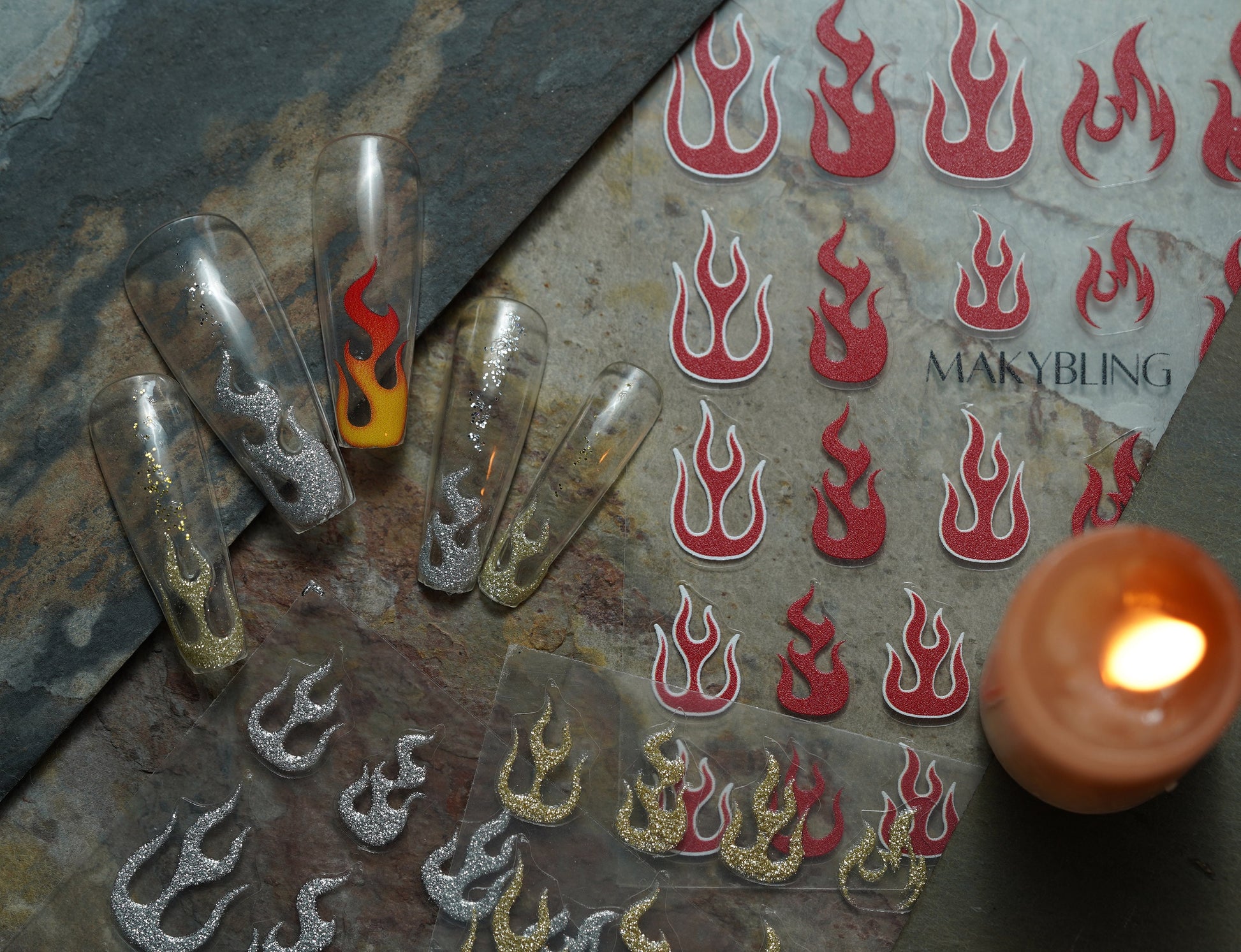 Flame Nail Art Stickers/Nail Decals Acrylic Nail Art Supplies Self Adhesive Decals/ 3D Red Gold SilverFire Peel off Manicure decals