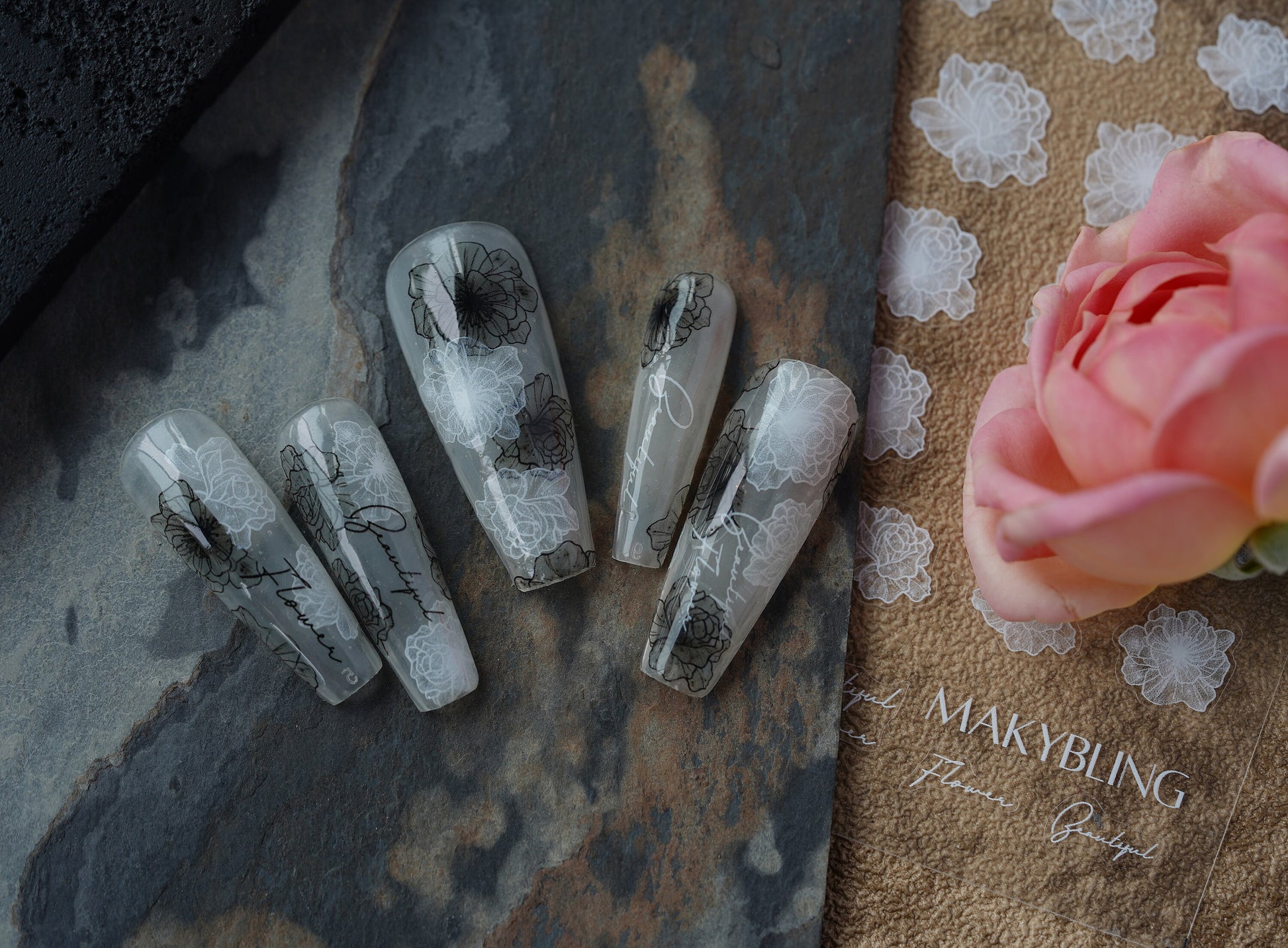 Peony Hydrangea Floral Nails Transparent Lace Flower Nail Stickers