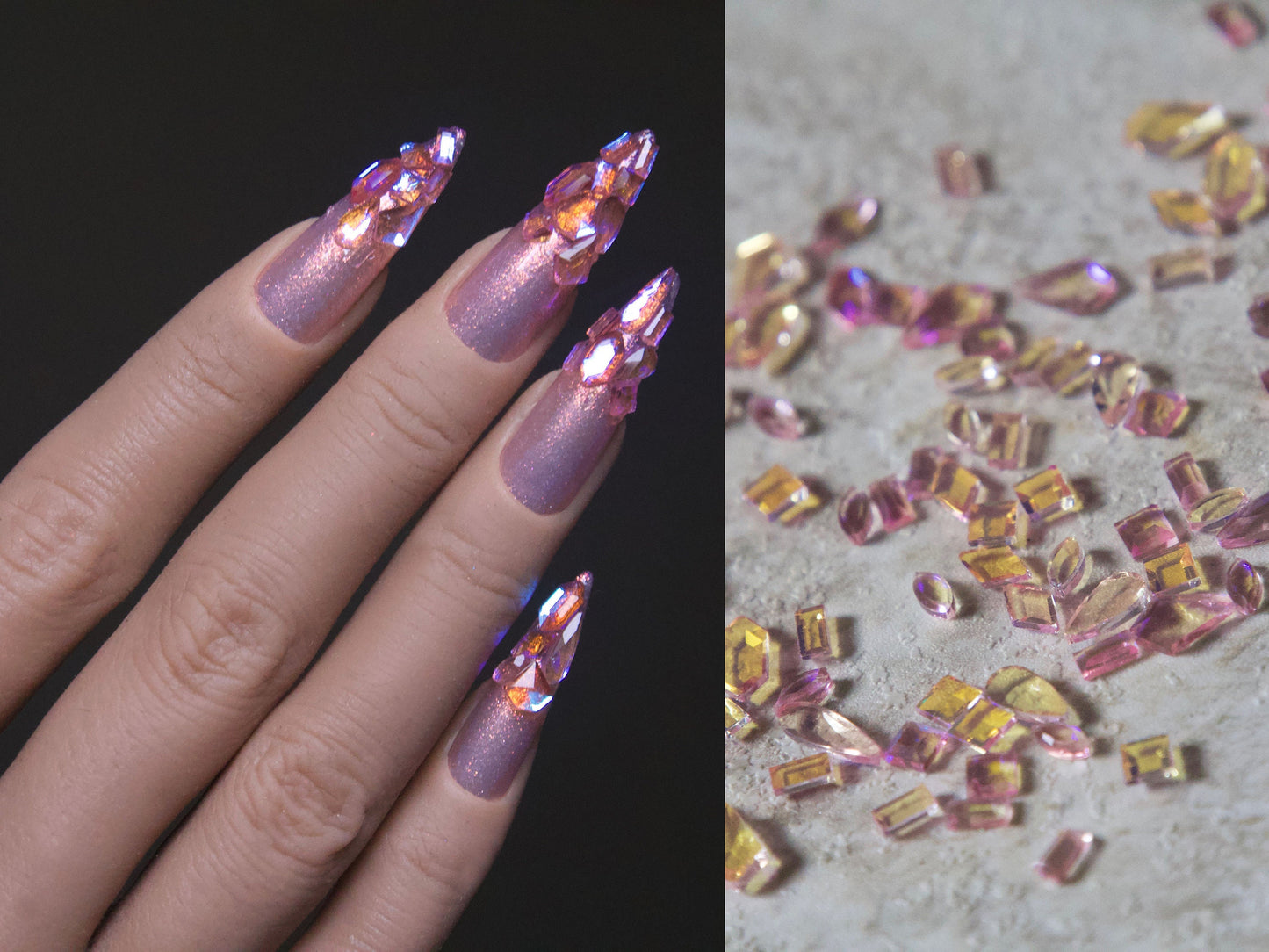 100pcs Pink Polar Light Crystals/ Nail Jewelry Crystal set/ Aurora Refract nail art rhinestones/Glass Jelly Geometrical nail decals