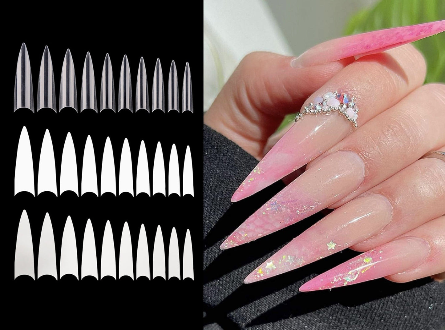 600 pcs Long Half Cover Stiletto False Fake Nails Tips Manicure nail Extension/ Clear Acrylic Sharp nail UV Poly Gel Salon Nail Tips